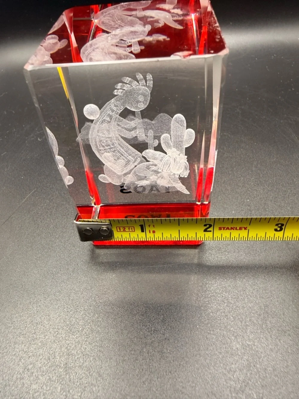 Taos Red and Clear Etched Kokopelli Glass Accent Paperweight 3D
